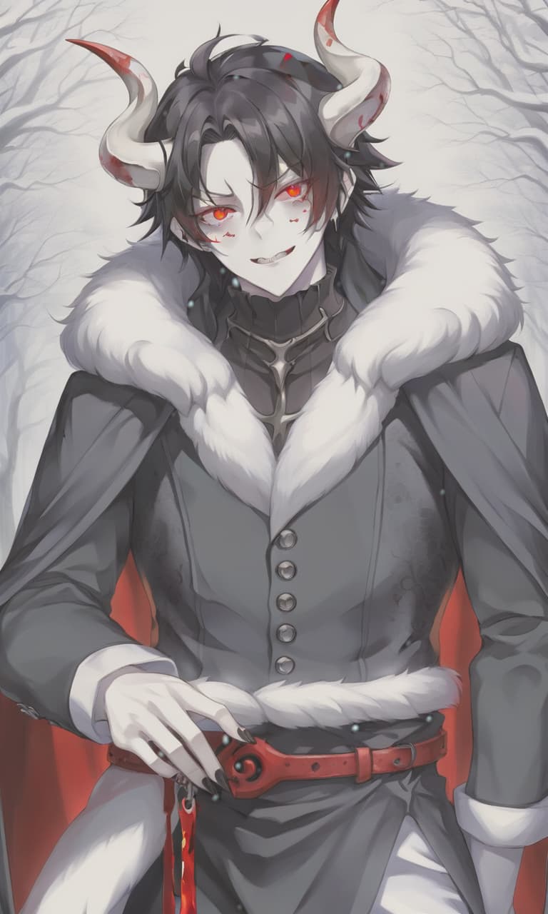  anime artwork man demon, white skin, blood red eyes, black hair, white horns, black clothes . anime style, key visual, vibrant, studio anime, highly detailed