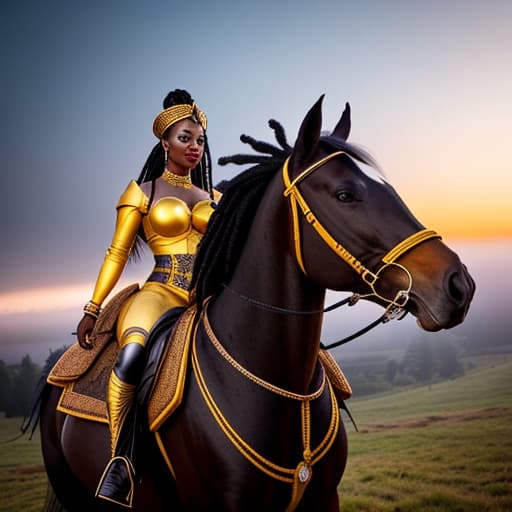  a black goddess on a flaming horse with her dreads hanging down to her back hyperrealistic, full body, detailed clothing, highly detailed, cinematic lighting, stunningly beautiful, intricate, sharp focus, f/1. 8, 85mm, (centered image composition), (professionally color graded), ((bright soft diffused light)), volumetric fog, trending on instagram, trending on tumblr, HDR 4K, 8K