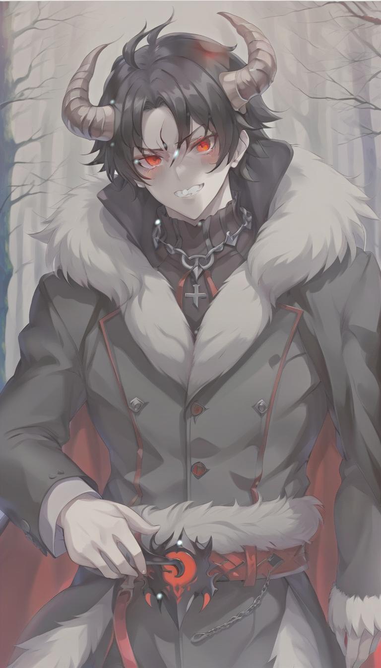  anime artwork man demon, white skin. red eyes, black hair, red horns, black fur coat, dense forest in the background . anime style, key visual, vibrant, studio anime, highly detailed