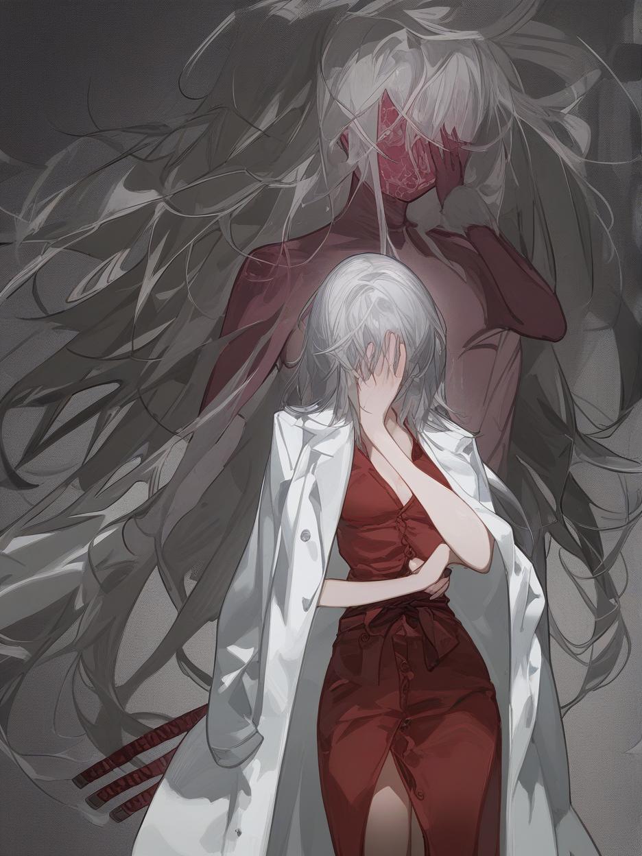  create for me a character with anime manga art. a woman with long, frayed silver hair, which even covers her face. she has deep, lifeless red eyes resembling wine. she wears dark dress pants. a red dress shirt with buttons on its front seam, two thin belts under its bust. a light gray lab coat on the shoulders. she walks around with two katanas around her waist. . best quality, high resolution