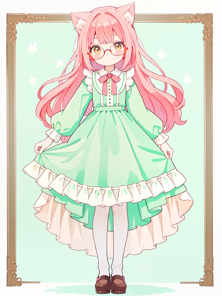  cat ears, brown eyes, standing picture, round glasses, no background, whole body, mint green maid clothes, red pink hair bob, masterpiece, best quality,8k,ultra detailed,high resolution,an extremely delicate and beautiful,hyper detail