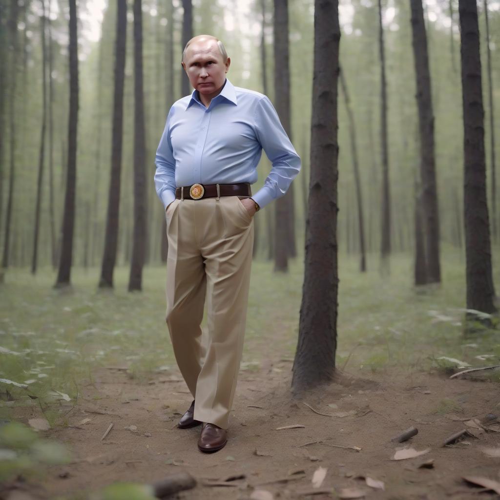  cinematic photo the president of russia in his pants against the background of the forest, and on his belt he weighs a slipper, . 35mm photograph, film, bokeh, professional, 4k, highly detailed