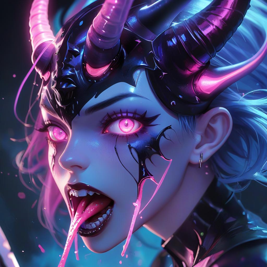  a close up of a person holding a knife, detailed hot maw, demon black blue purple, luminous, full color manga visual style, soft lulling tongue, pink , horns. dark colors, arca album cover, resin, trap, ( 3 1, 1 1 1 1, very , perfect face template, [ metal ], bite, artist unknown, esa, glowneon