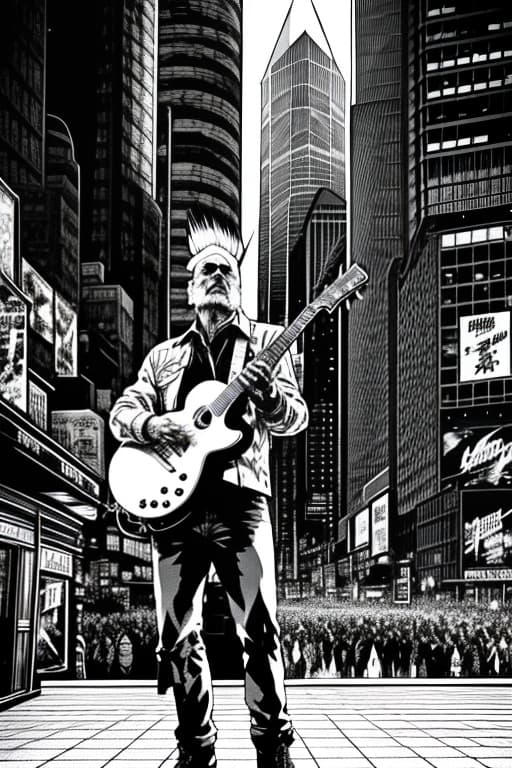  old man Punk rock artist with a mohawk Liberty spike plays the guitar at a concert floor view, dynamic perspective, wide angle, grunge style, draw, comics art, Sketch, Manga Sketch, Pencil drawing, Black and White, Manga, Manga style, Low detail, Line art, vector art, Monochromatic, by katsuhiro otomo and masamune shirow and studio ghilibi and yukito kishiro hyperrealistic, full body, detailed clothing, highly detailed, cinematic lighting, stunningly beautiful, intricate, sharp focus, f/1. 8, 85mm, (centered image composition), (professionally color graded), ((bright soft diffused light)), volumetric fog, trending on instagram, trending on tumblr, HDR 4K, 8K