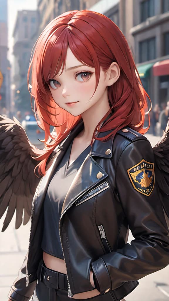  1girl,best quality,masterpiece,Highly detailed,realistic,realistic,Professional,highres,absurdres,photo_(medium),polaroid,princess,leather_jacket,red hair,feathered wings,natural light,canon,