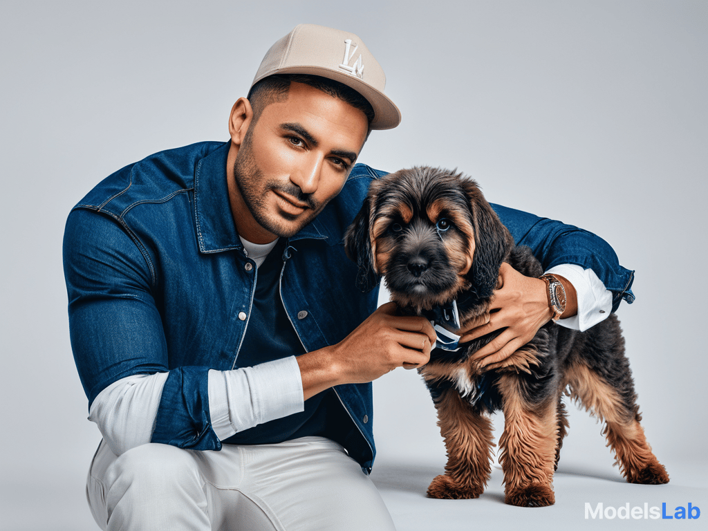  keep the dog and person exactly the same but make the background a sunny summer day in la hyperrealistic, full body, detailed clothing, highly detailed, cinematic lighting, stunningly beautiful, intricate, sharp focus, f/1. 8, 85mm, (centered image composition), (professionally color graded), ((bright soft diffused light)), volumetric fog, trending on instagram, trending on tumblr, HDR 4K, 8K