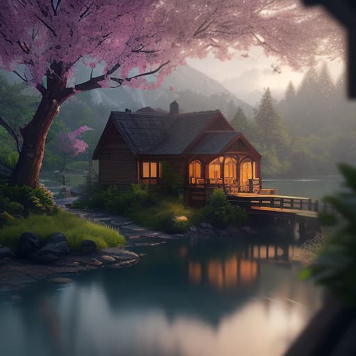  a realistic picture of an amazing, beautiful nature, a view of a veranda of a cozy house on an unbelievable, unrealistic idyllic place next to an amazing lake surrounded by a wildlife with bright flowers and a living green. this paradise is perfect for relaxing, calming, peaceful atmosphere. details, 8k, realism, masterpiece, bright light, (extremely detailed oil painting:1.2), glow effects, godrays, hand drawn, render, 8k, octane render, cinema 4d, blender, dark, atmospheric 4k ultra detailed, cinematic sensual, sharp focus, humorous illustration, big depth of field, masterpiece, colors, 3d octane render, 4k, concept art, trending on artstation, hyperrealistic, vivid colors, extremely detailed cg unity 8k wallpaper, trending on artstation, hyperrealistic, full body, detailed clothing, highly detailed, cinematic lighting, stunningly beautiful, intricate, sharp focus, f/1. 8, 85mm, (centered image composition), (professionally color graded), ((bright soft diffused light)), volumetric fog, trending on instagram, trending on tumblr, HDR 4K, 8K