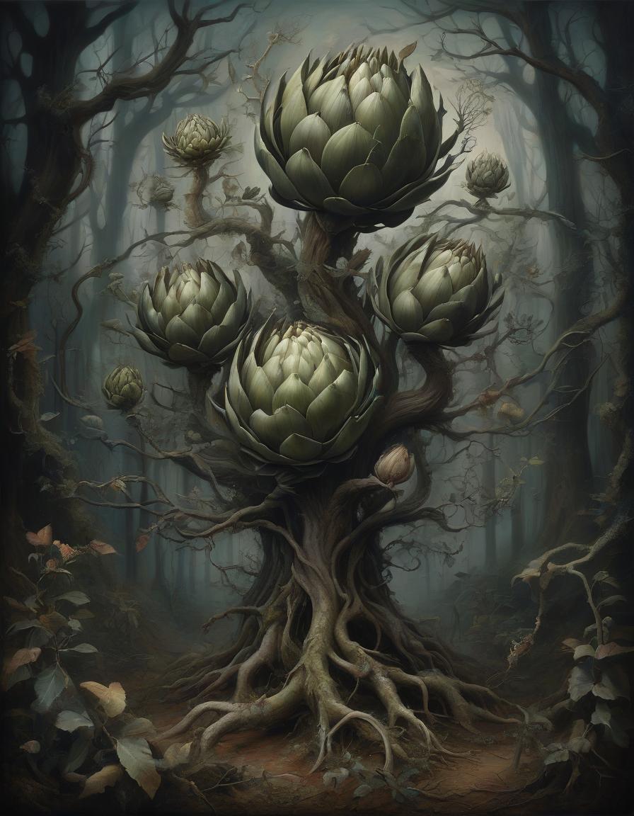  a mesmerizing surreal painting featuring an otherworldly twisted and crooked artichoke tree in the forest, dark botanical art, fantasy, intricate, mysterious, phantasmagoria, style of hieronymus bosch