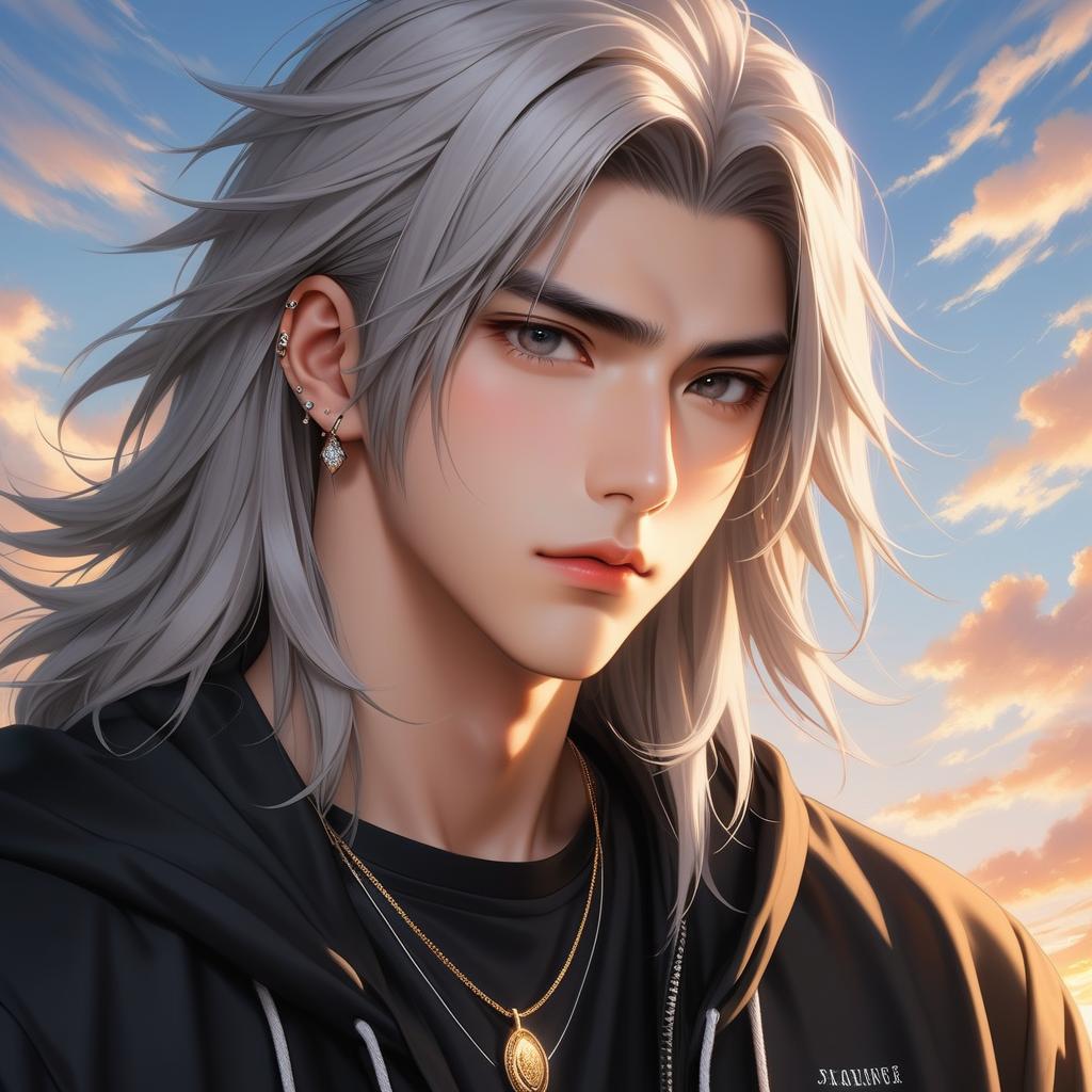  masterpiece, top quality, best quality, official art, beautiful and aesthetic anime art very beautiful asian male straight hair, white shoulder length hair, pale skin. grey eyes. eyebags. long dark lashes. diamond shaped face. sharp jawline. thin lips. low soft angled eyebrows. greek nose. tongue piercing. industrial piercing. lobe piercing. low set cheekbones. helix piercing. looking up to the sky, golden hour college boy. college background, award winning, professional, highly detailed, masterpiece