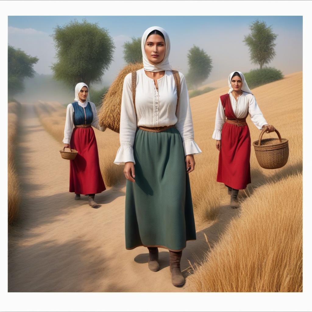  Peasant women with a sickle and a basket hyperrealistic, full body, detailed clothing, highly detailed, cinematic lighting, stunningly beautiful, intricate, sharp focus, f/1. 8, 85mm, (centered image composition), (professionally color graded), ((bright soft diffused light)), volumetric fog, trending on instagram, trending on tumblr, HDR 4K, 8K