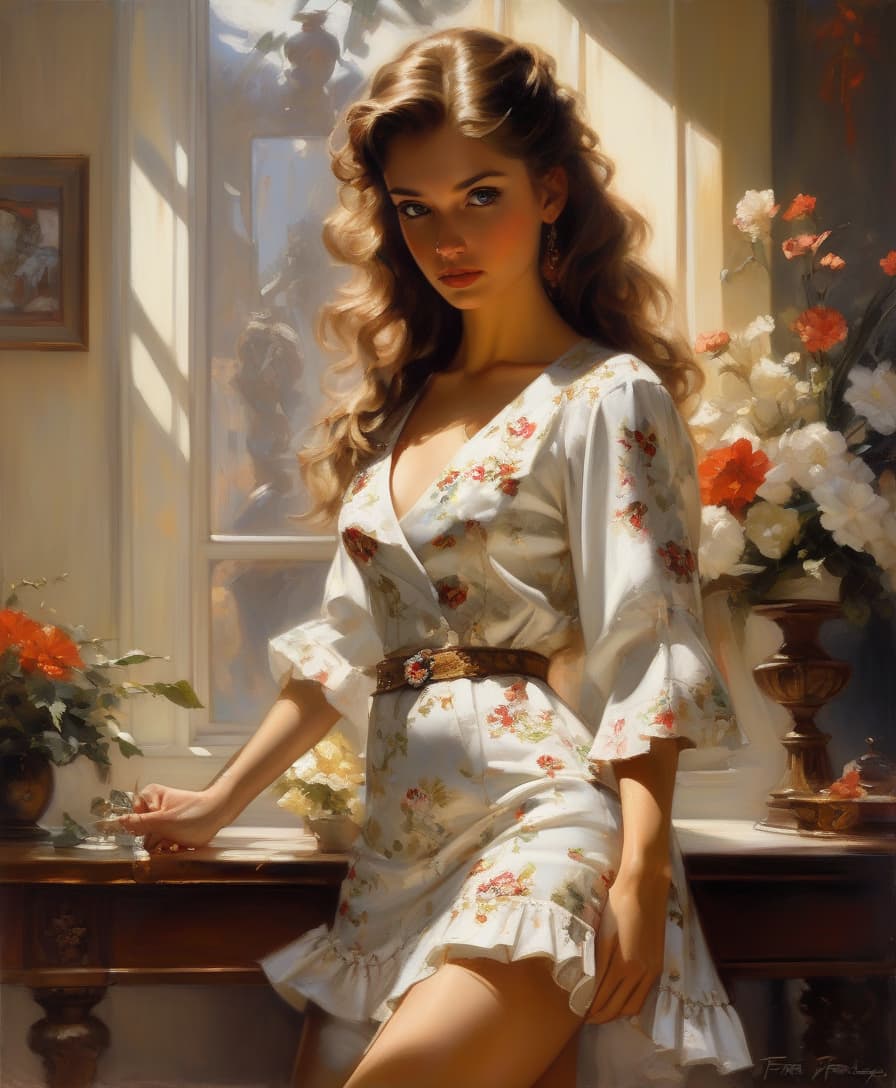  hyper realistic, young woman, vintage, dramatic light, oil on canvas, , white floral dress, art by frank frazetta, fabian perez, luis royo, daniel f.gerhartz, mary blair, michael garmash.