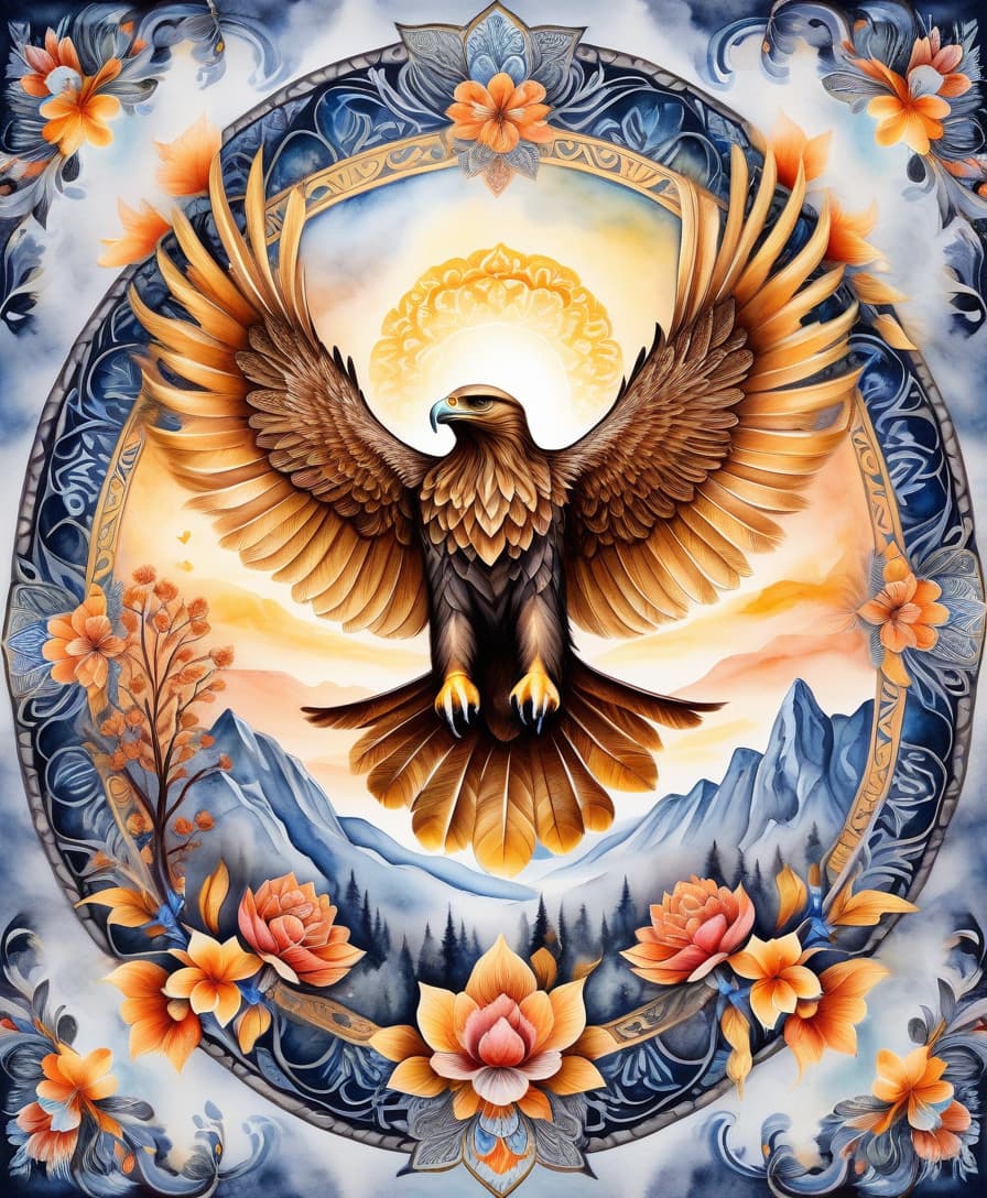  watercolor painting masterpiece, hdr 8k, digital image. conceptual art. (a bird of prey, the golden eagle, soars in the sky, spreading its wings, stalking prey), appearing in ancient russian ethnic ornaments that make up a symmetrical mandala consisting of an endless forest, a wide flowing river and majestic mountains, the mandala is decorated with a fantastic ice pattern). abstract elements: stones, tree leaves, flowers. the effect of dissolving the natural shades of fur in sky waves. filigree finishes, mysterious neon glowing accents, intricate. stylization. neo rococo style. stylish, dynamic, atmospheric. background dissolving abstract patterns in the space:: vignetting:: complex ethnic ornament. mystery, fantasy surrealism. high detai