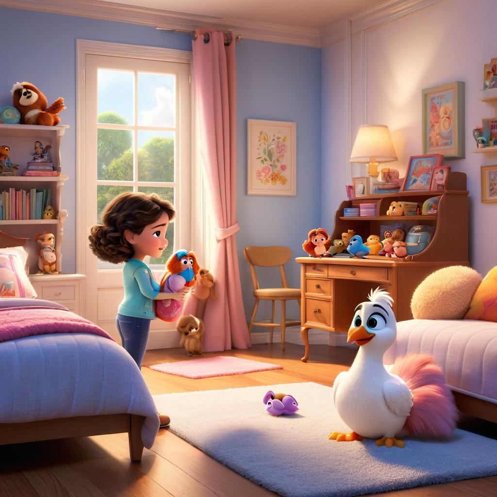  in 3d animated movie style. disney pixar style. paris, , with mrs. lily, an , and coco, her stuffed toy. high resolution, pixar 3d animated film style. bright, soft lights with a warm feel. bird's eye view capturing paris getting ready for her first day at , showcasing her room and morning routine.