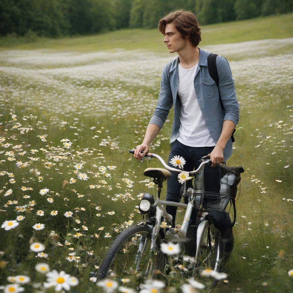  a young man in a meadow with daisies walks with a bicycle