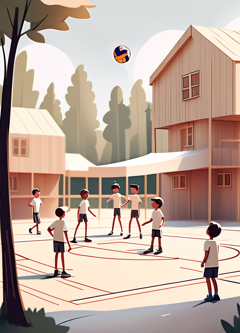  minimalist style children's camp wooden houses children play volleyball in the square retro style sketch . simple, clean, uncluttered, modern, elegant