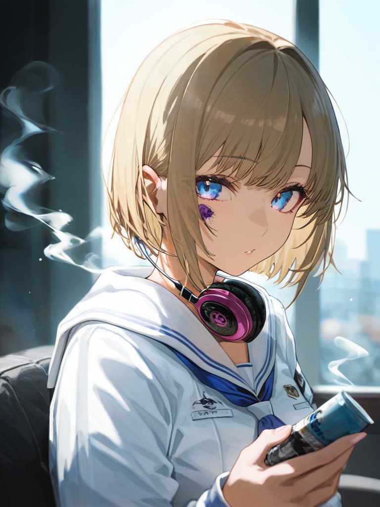  headphones, whole body, blue eyes , blonde bob cut , white pleated , white sailor suit, spider nest tattoo, bob cut, who smoke tobacco, purple rose tattoo on the left . , smoke, smoke, masterpiece, best quality,8k,ultra detailed,high resolution,an extremely delicate and beautiful,hyper detail