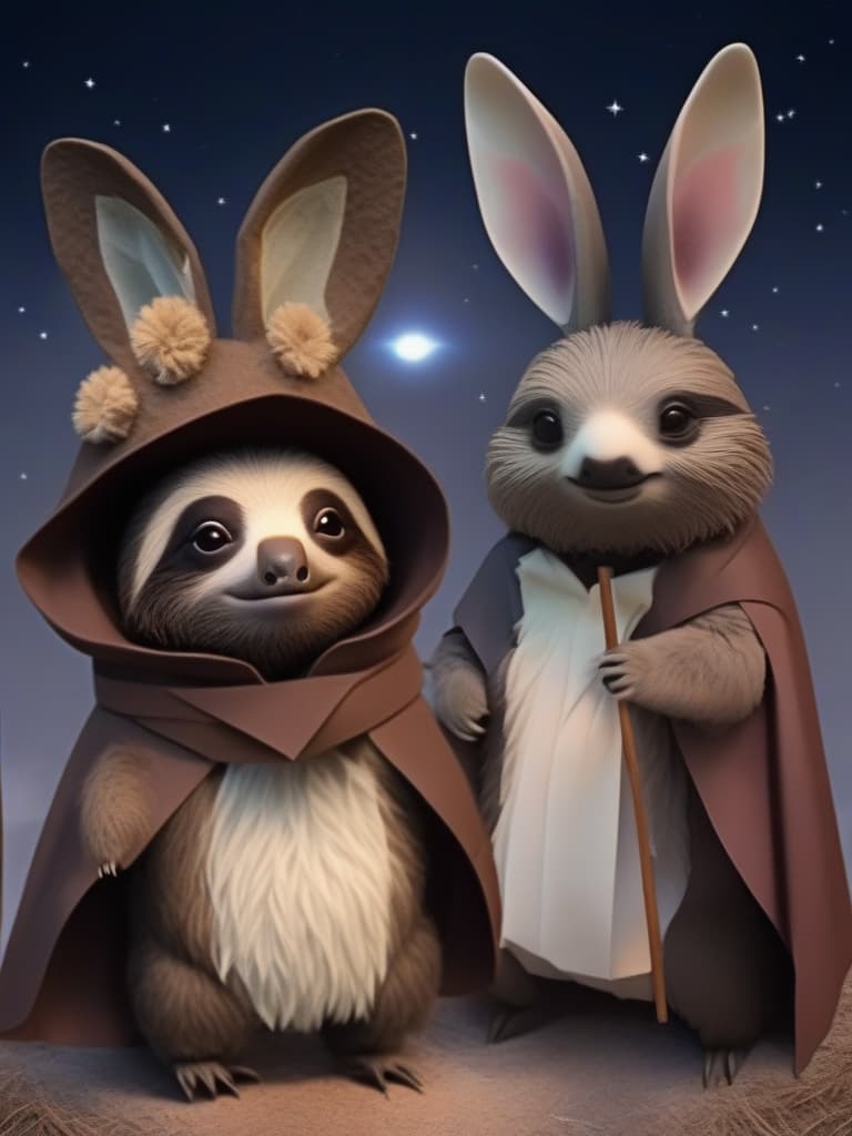  masterpiece,best of the best{,full moon ＆(very cute sloth)＆(cute little rabbit)},((sloth with cape)),(((rabbit with muffler))),((telescope)),book,moonlit background,field,high quality,16k