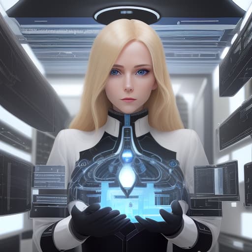  a beautiful woman scientist with blonde hair and blue eyes is wearing a black classical suite. the woman looks kind and friendly. she is in a modern white futuristic laboratory. she is surrounded by modern equipment for research. the projectors are showing diagrams with some data in the air.