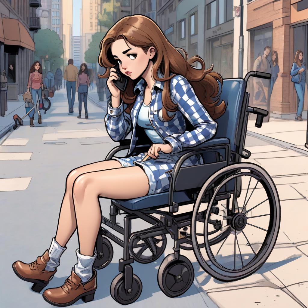  colored comic book image. a young brown haired woman with a carriage sitting in a wheelchair, she completely lacks one leg. she's wearing a checkered shirt and jeans. the girl leans forward trying to pick up the phone lying on the sidewalk.