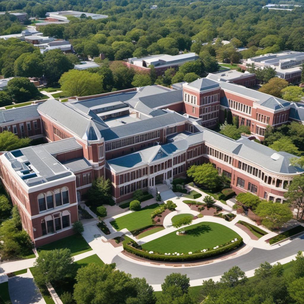  aerial view of a wealthy high school with outdoor courtyard and multi level arches with a grand entrance curb appeal , mystical style