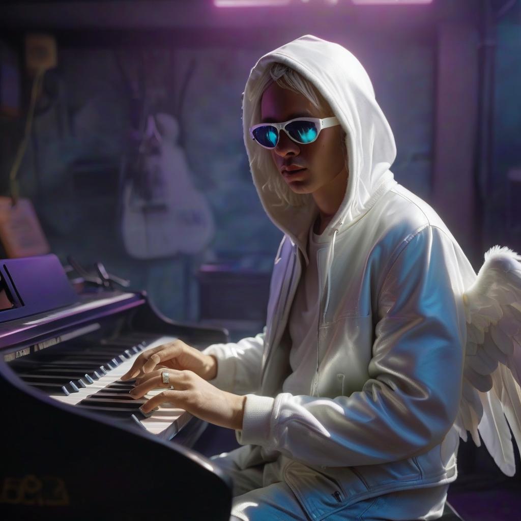  hyperrealistic art angel in white hooded in sunglasses with electric piano in hand . extremely high resolution details, photographic, realism pushed to extreme, fine texture, incredibly lifelike, hkmagic, glowneon