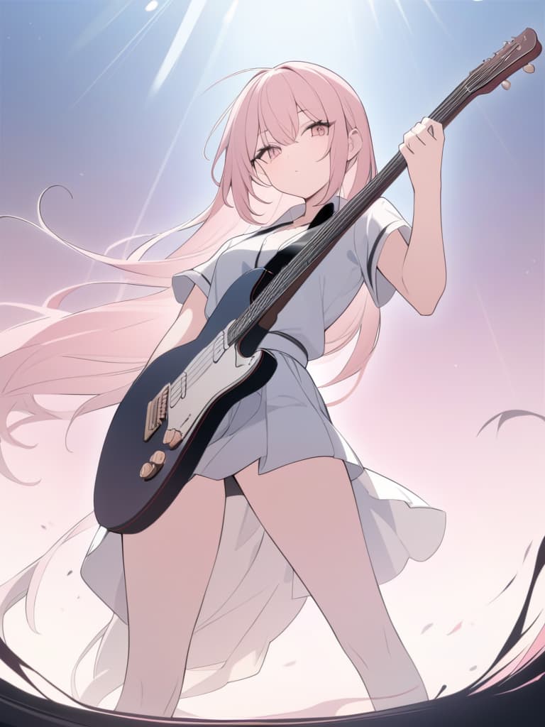  ((best quality)), ((masterpiece)), (detailed), (highest quality), ((masterpiece)), ((masterpiece)), ((maximum quality)), ((masterpiece)), (details), hand girls with a guitar and pink background, very high quality artwork, guitarist, sharp high quality art work, anime style 4k, anime art wallpaper 4k, anime art wallpaper 4k, guitar solo, anime art wallpaper 8k, pop pan quart style, guitar concept art, cute gravure girl,