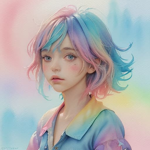  best quality,(masterpiece:1.3),ultra detailed,1girl,abstract watercolor painting of a little girl,(cowboy shot),scales,rainbow colors :1,colorful hair,blue and pink tone colors,abstract watercolor painting of cartoon clouds with emoji,rainbow colors,gradien