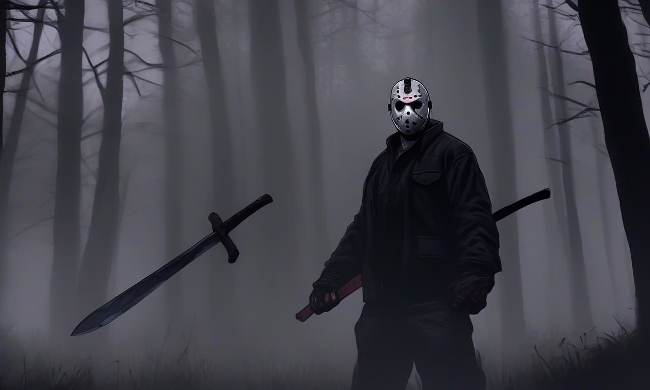  horror themed jason voorhees stands at full height on the grass. a sturdy figure. dressed in a black jacket and black pants. in his hand machete, on his face canonical mask. the background is a dense forest in the fog . eerie, unsettling, dark, spooky, suspenseful, grim, highly detailed