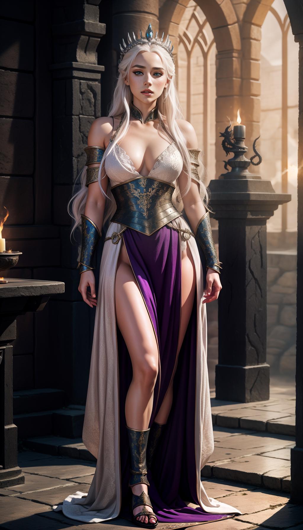  create hyper realistic rhaenyra targaryen queen of the seven kingdoms from house of the dragon (((showing full body))), beautiful medieval queen, freckles, violet eyes, white blonde hair, very tanned skin, dragon behind her, realistic, queen of dragons, fantasy, sci fi, showing full body in elegance and grace