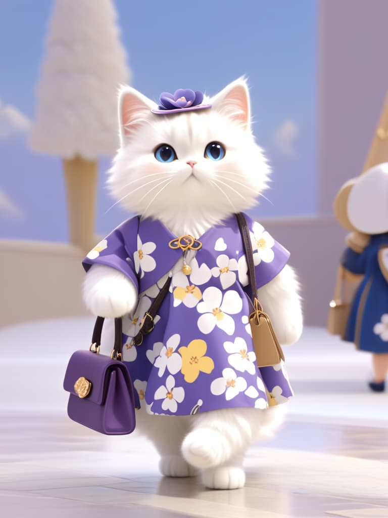  a small, fluffy white cat dressed in a blue floral dress and wearing a flower hat. the cat is standing and appears to be posing for a photo.in the background, there are a few people present. one person is standing on the left side of the image, while another is standing on the right side, and the third person is visible only from the waist down, in the far right corner. there are also a couple of handbags, one in the foreground and another further back in the scene.