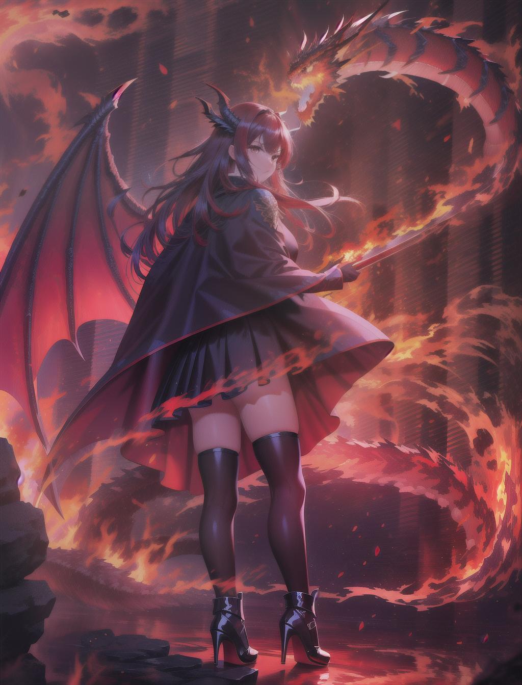  masterpiece, best quality, solo, warrior, red flaming eyes, wild, long flowing hair, angry, dragon wings, thigh high heels, skirt, tattoos, fire, throne, cape, dragon background