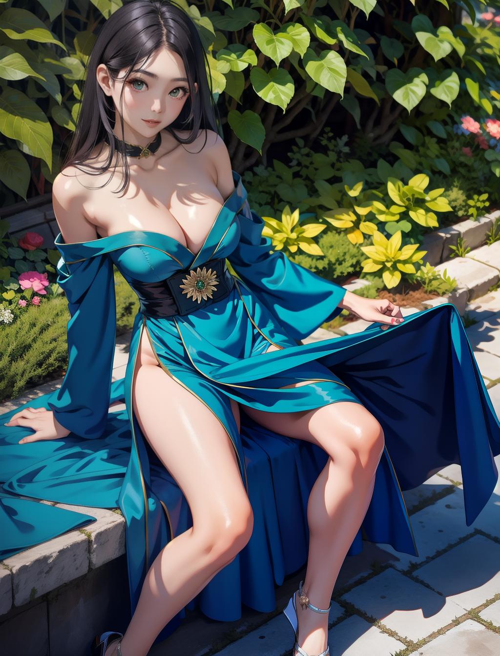  beautiful japanese girl in blue silk off the shoulder gown with thigh slit long legs and long jet black hair green eyes