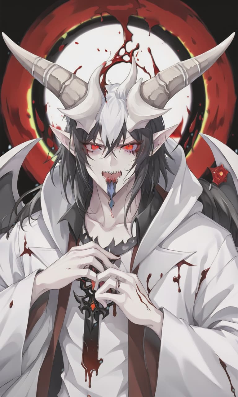  anime artwork man demon, white skin, blood red eyes, black hair, white horns, black clothes . anime style, key visual, vibrant, studio anime, highly detailed