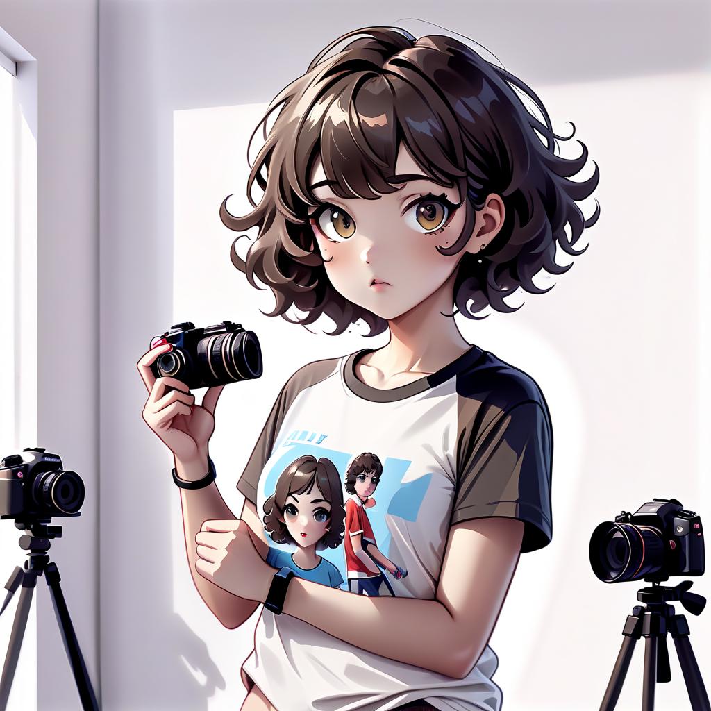  minimalist style in the foreground, an adult girl with short curly dark hair holds a camera in her hands, she is wearing a sports t shirt, white walls in the background, photos weigh on white walls . simple, clean, uncluttered, modern, elegant, sticker