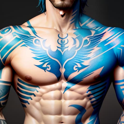  blue tattoo on shoulders and torso text in elvish