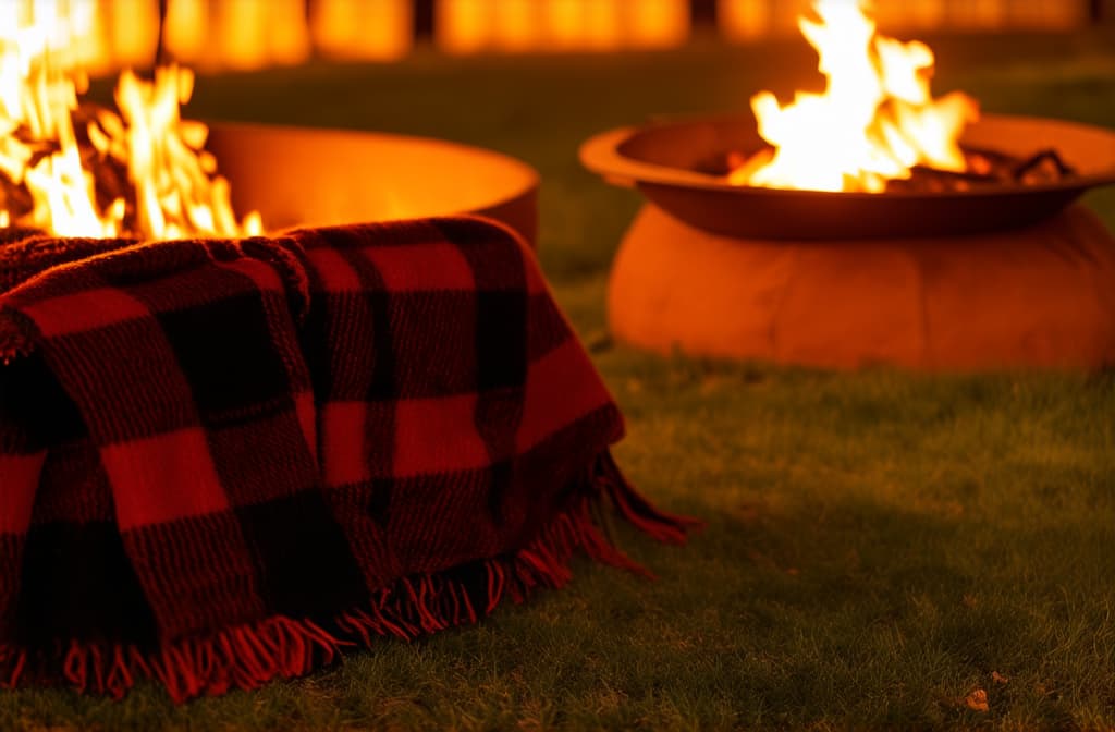  cinematic film style, a cozy outdoor setting with a warm fire pit and a plaid blanket next to it. warm fire pit for a relaxing fall feel. ar 3:2, shallow depth of field, vignette, maximum details, high budget hollywood movie, bokeh, cinemascope, moody, epic, gorgeous, sun rays and shadows on furniture and surfaces, flattering light, raw photo, photography, photorealistic, 8k resolution, f1.4, sharpened focus, sharp focus