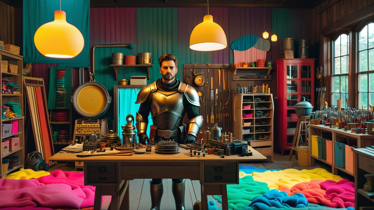  a vibrant workshop scene showcasing various armor making materials: shiny metallic sheets, textured foam, flexible thermoplastic, and intricate leather pieces, surrounded by tools and colorful fabrics, all illuminated by warm, inviting light. hyperrealistic, full body, detailed clothing, highly detailed, cinematic lighting, stunningly beautiful, intricate, sharp focus, f/1. 8, 85mm, (centered image composition), (professionally color graded), ((bright soft diffused light)), volumetric fog, trending on instagram, trending on tumblr, HDR 4K, 8K