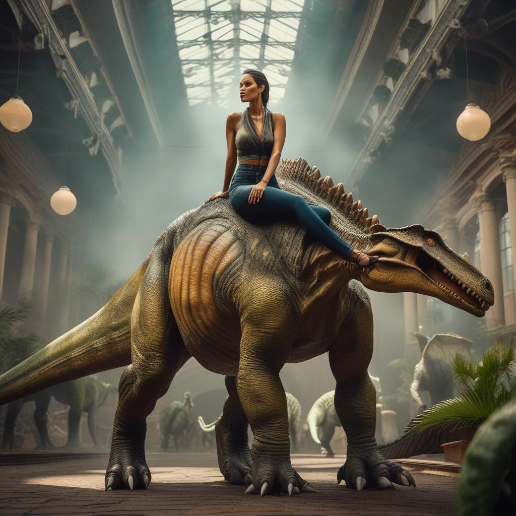  woman on dinosaurs hyperrealistic, full body, detailed clothing, highly detailed, cinematic lighting, stunningly beautiful, intricate, sharp focus, f/1. 8, 85mm, (centered image composition), (professionally color graded), ((bright soft diffused light)), volumetric fog, trending on instagram, trending on tumblr, HDR 4K, 8K