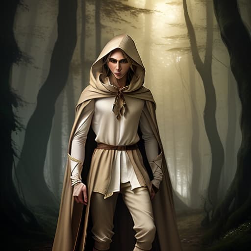  short and slender elf with fair skin, with long straw hair, dressed in a white shirt and beige pants, a brown cloak hangs on his shoulders, a gloomy forest, medieval fantasy