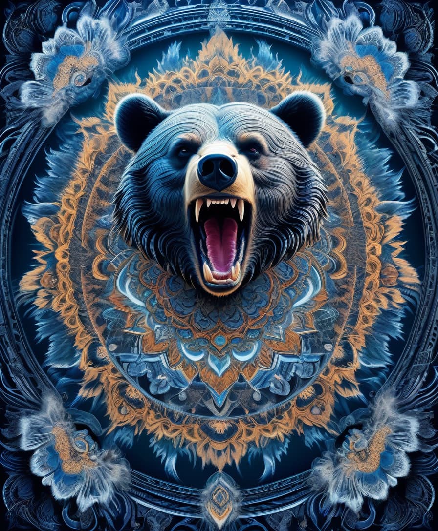  hdr photo of masterpiece, hdr 8k, digital image. conceptual art. (a bear with a bared mouth full of sharp fangs, appearing in ancient russian ethnic ornaments that make up a symmetrical mandala consisting of an endless forest, a wide flowing river and majestic mountains, the mandala is decorated with a fantastic ice pattern). abstract elements: crystals, beads, feathers. the effect of dissolving the natural shades of fur in sky waves. filigree finishes, mysterious neon glowing accents, intricate. stylization. neo rococo style. stylish, dynamic, atmospheric. background dissolving abstract patterns in the space:: vignetting:: complex ethnic ornament. mystery, fantasy surrealism. high detail. high quality. hdr. . high dynamic range, vivid, r