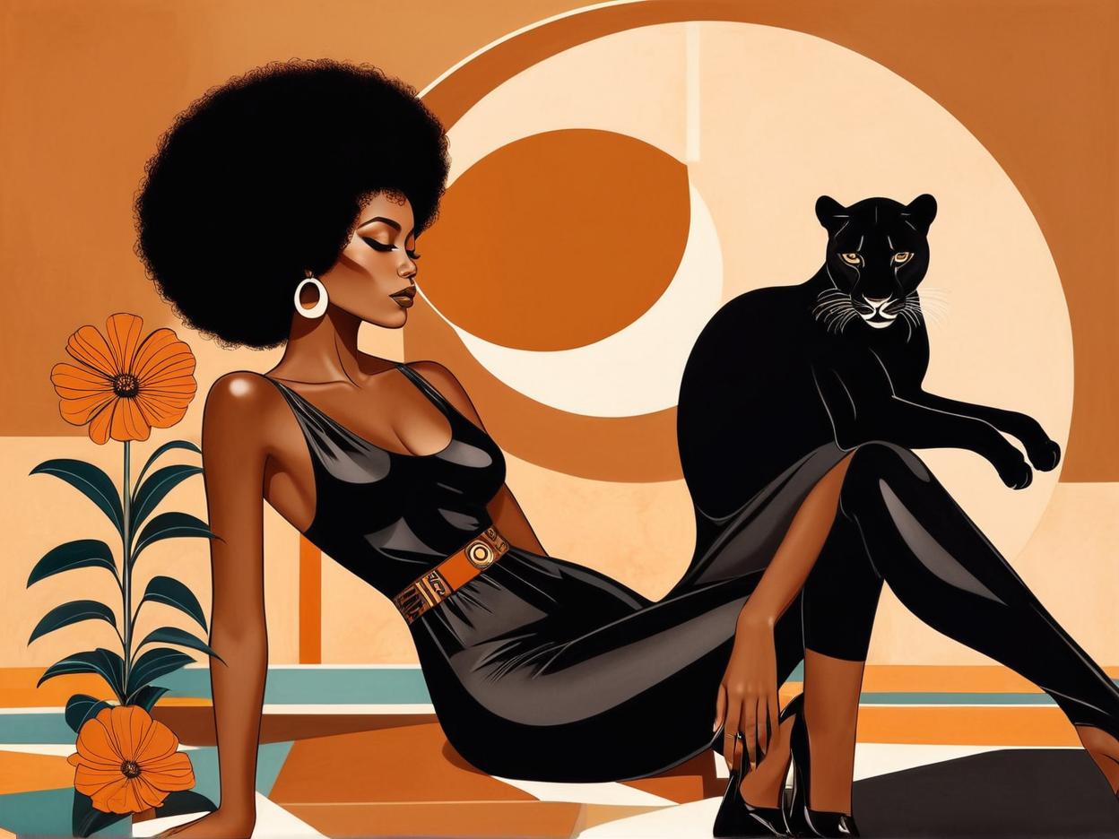  minimalism, a beautiful african woman with brown skin. with an afro. she wears a flowy black outfit. she is resting with a panther. a retro brown 70s flower design is in the background, abstract, simple geometic shapes, hard edges, sleek contours, minimalism