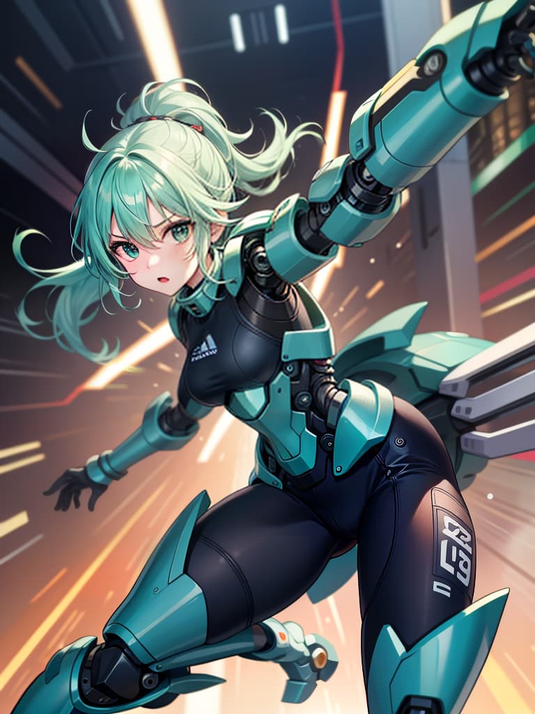  masterpiece,insanely detailed face,solo,girl,intelligence,genius,serious,cool,clear face,aqua hair,hair up,sidelocks,ring hair,humanoid,((mechanical joint)),((exoskeleton)),((mechanical legs)),green colored armor,pose,kicking,incoming attack,one leg stand,outstretched foot,close up sole,blurr sole, looking at viewer,sense of movement,speed line,motion blurr,blurr fore ground,