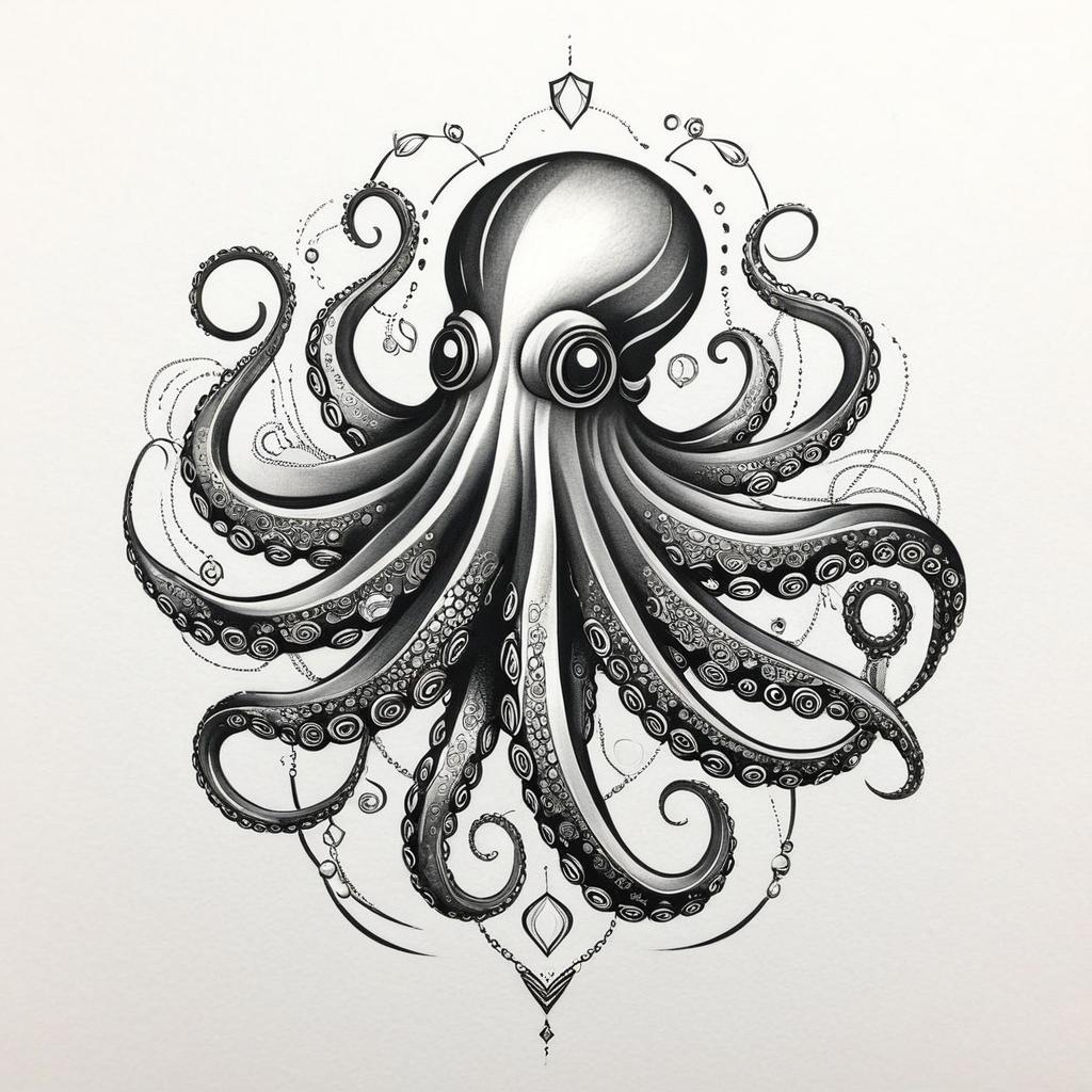  a cybernetic octopus using gold silver and black,(tattoo), tattoo design