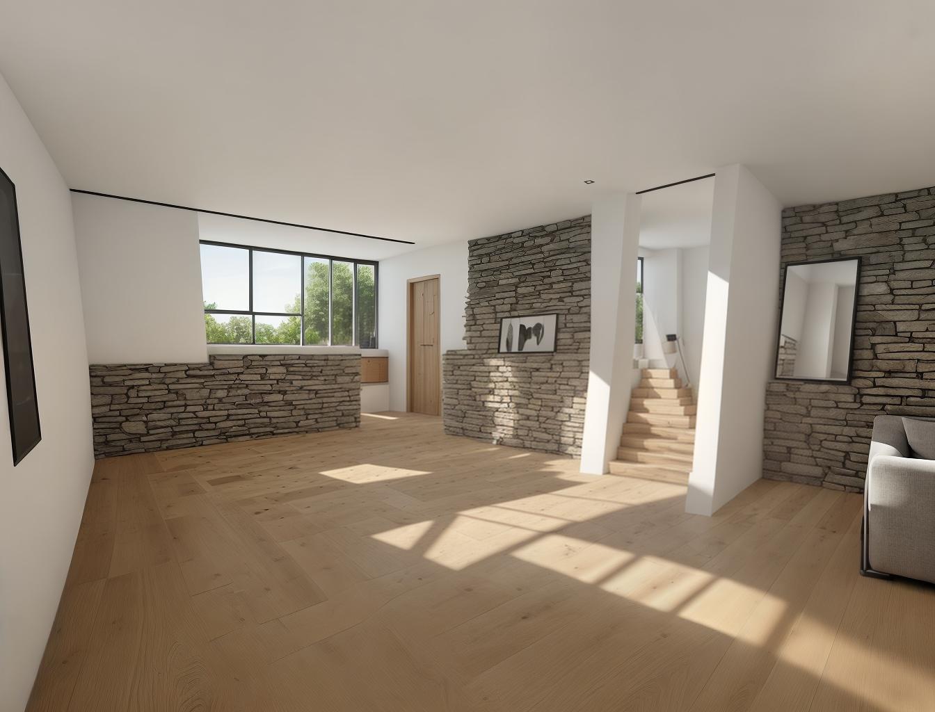  produce a photorealistic rendering of a modern interior with a stone wall as a focal point, complemented by wooden flooring and large windows. add a sleek, modern sofa and minimalist furniture that reflects a contemporary style, creating a space that feels both rustic and sophisticated.