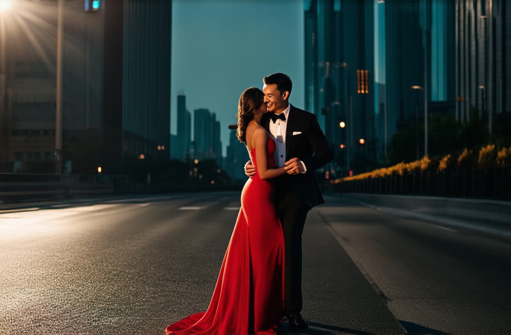  cinematic film style, roadway, skyscrapers, guy and girl in evening dresses dancing, backlight ar 3:2, shallow depth of field, vignette, maximum details, high budget hollywood movie, bokeh, cinemascope, moody, epic, gorgeous, sun rays and shadows on furniture and surfaces, flattering light, raw photo, photography, photorealistic, 8k resolution, f1.4, sharpened focus, sharp focus