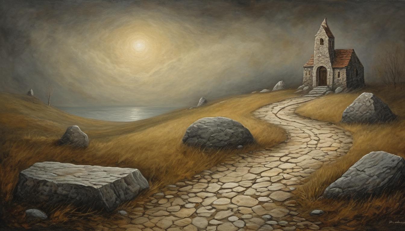  on parchment, surrealism++, ethereal light illuminating a weathered path, rain soaked stones, atmosphere of hope and struggle(mysterious, provocative, symbolic)++