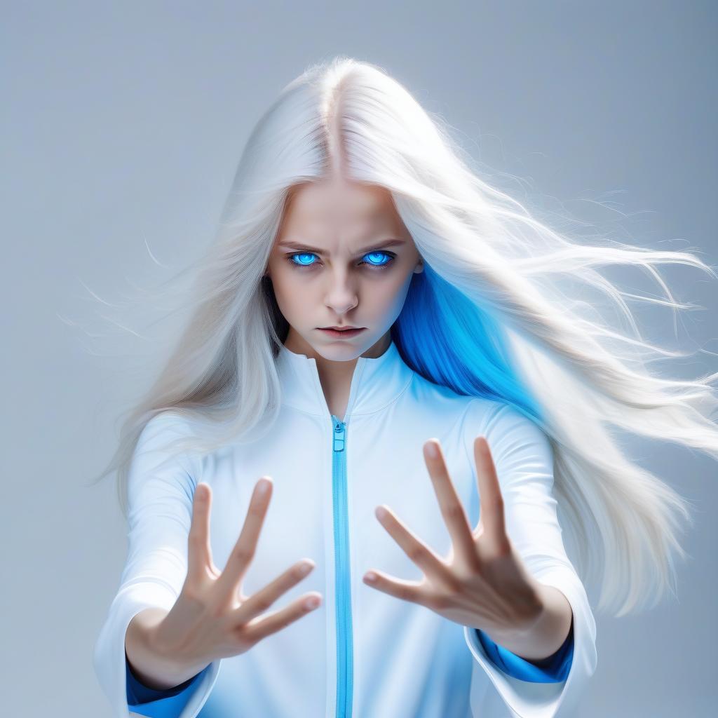  a girl with superpower, releases cold from the palm, a front view, white long loose hair, modern clothes, bright blue eyes