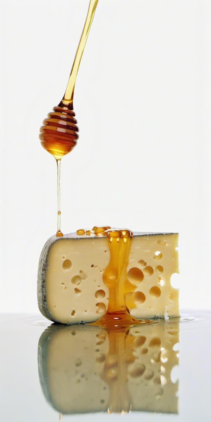  cheese watered with honey, beautiful reflection, film photography style