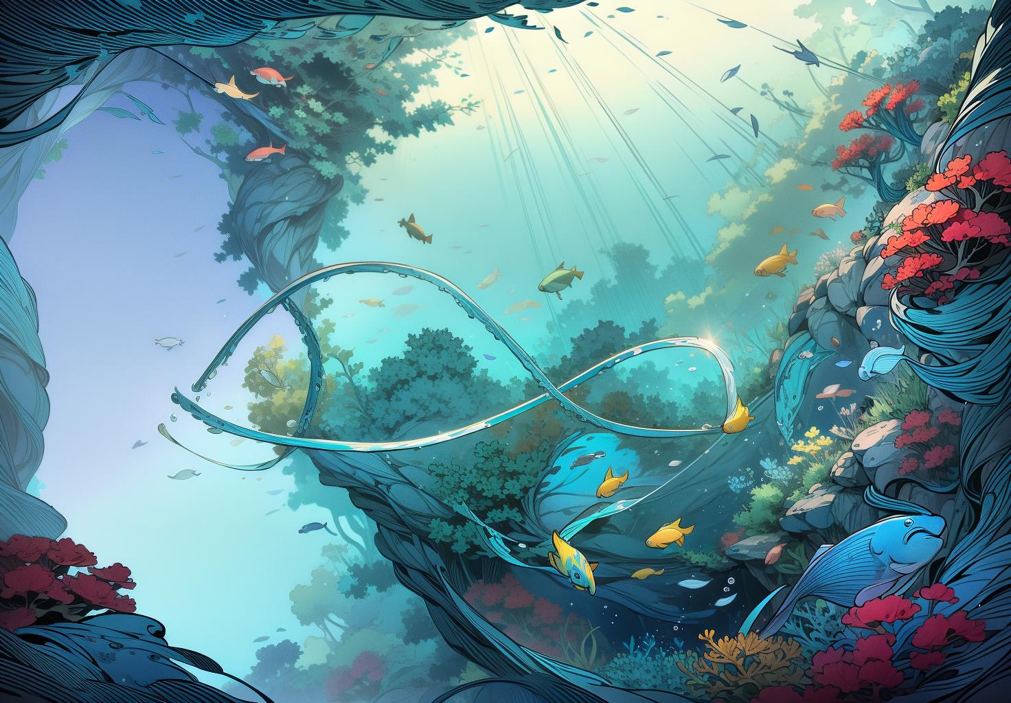  best quality, masterpiece, elegant line art, blue theme, fish, solo, dynamic lines, intricate line work, smooth and flowing lines, artistic composition, high detail, exquisite design, harmonious, vibrant and dynamic, 8k resolution, crisp and clear, minimalist, refined line art, graceful fish, colorful coral, lush water plants, underwater scenery, detailed background elements, vibrant aquatic environment