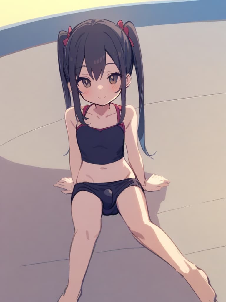  women's elementary students (male), twin tails, cute smiles, (rich s), low stature, dark blue swimwear, old swimwear, , simple (upward), male , (bulge), shaped clear , front , whole body, pool side,